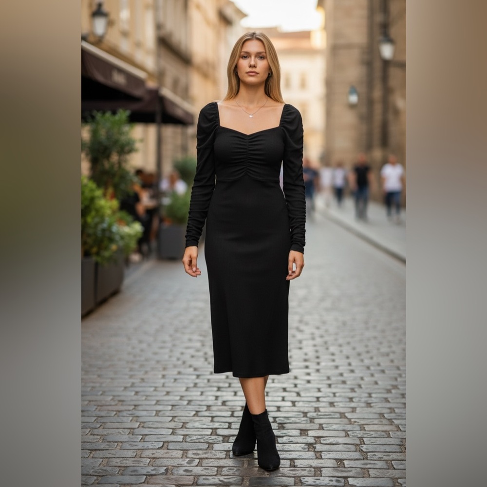 Topshop ribbed ruched long-sleeve midi dress in black